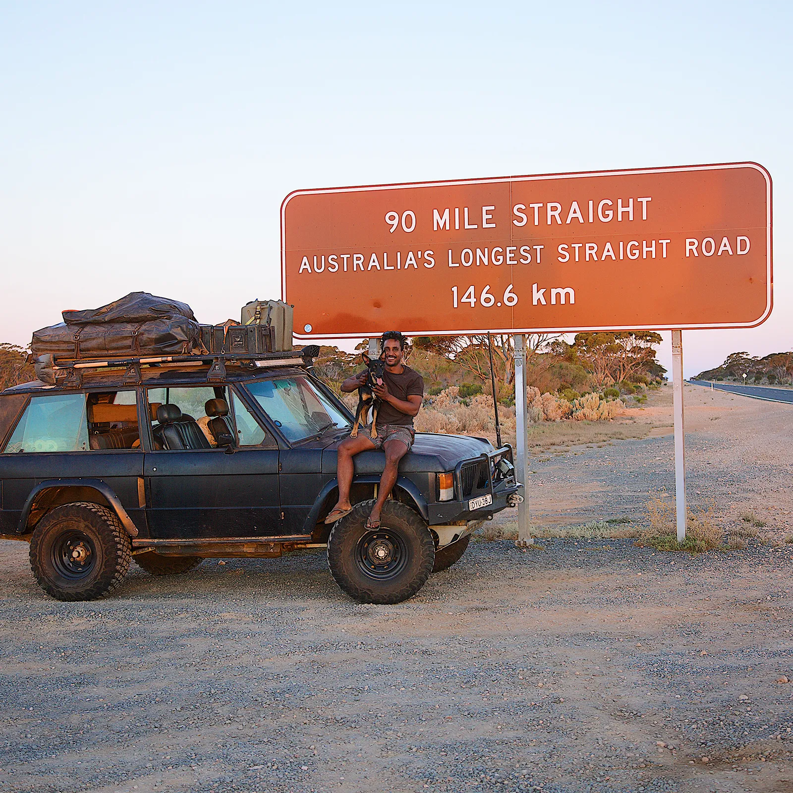 Range Rover Classic at iconic 90 Mile Straight Sign along the Nullarbor | Range Rover Adventures | Range Rover Classic | Range Rover Restoration | Range Rove Build | Overlanding Range Rover Classic | Touring Range Rover Classsic