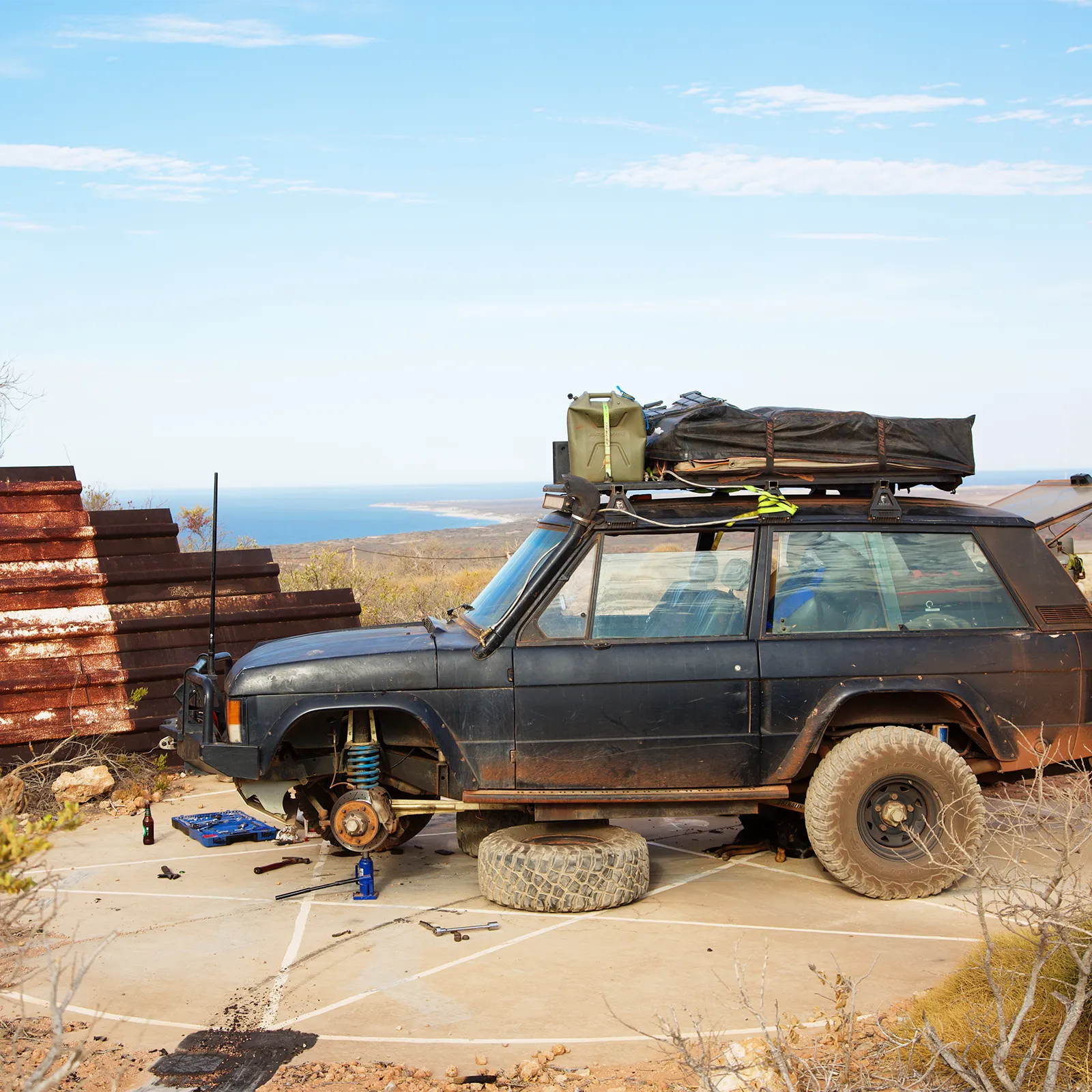 Rotating Range Rover Classic tyres in remote coastal landing pad | Range Rover Adventures | Range Rover Classic | Range Rover Restoration | Range Rove Build | Overlanding Range Rover Classic | Touring Range Rover Classsic