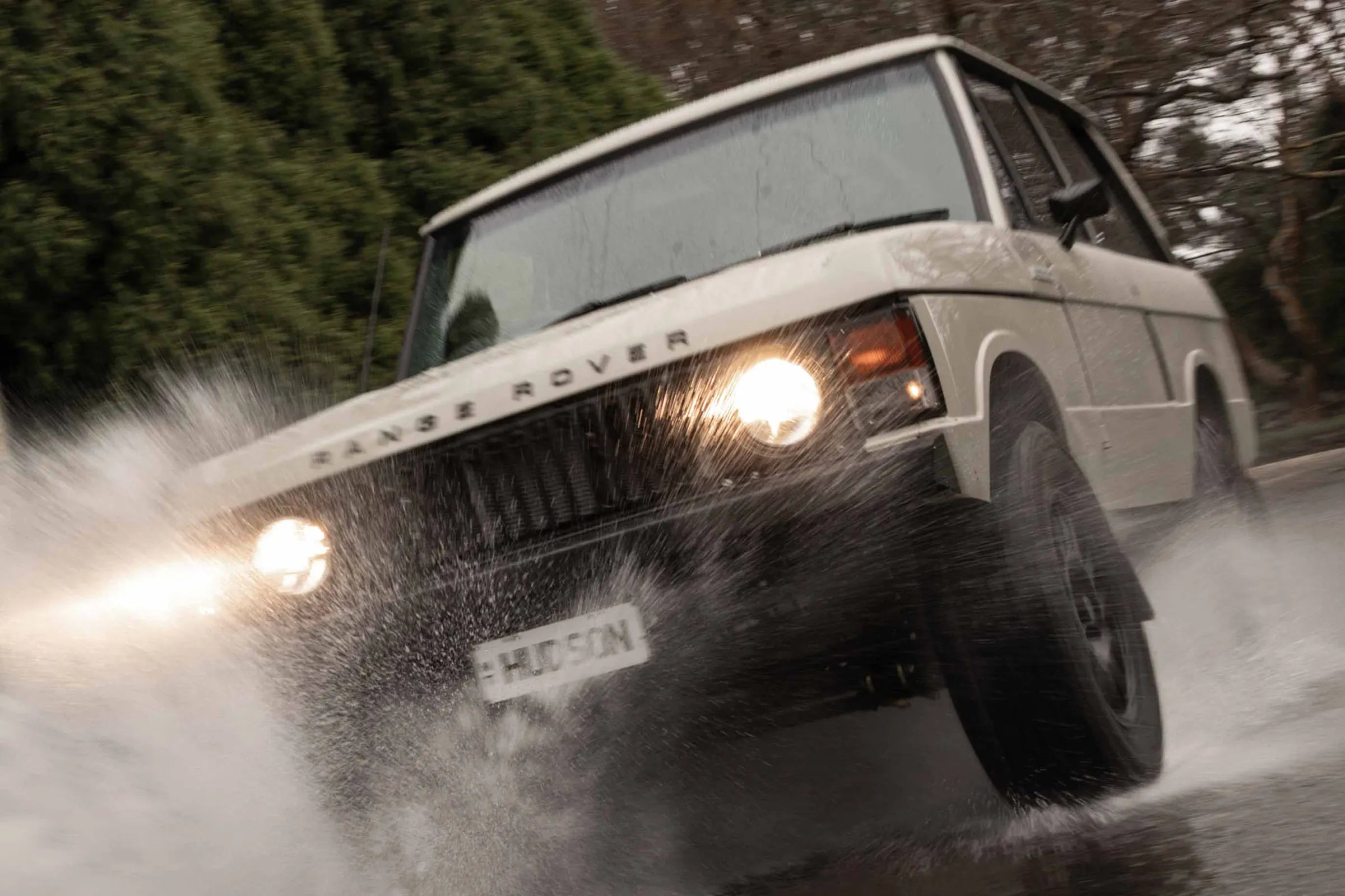Hudson Coachworks Signature series Range Rover Classic driving through puddle on rainy day | Range Rover Classic | Range Rover Coachworks | Range Rover Restorations | Range Rover Build | LS Range Rover | V8 Range Rover | Supercharged Range Rover